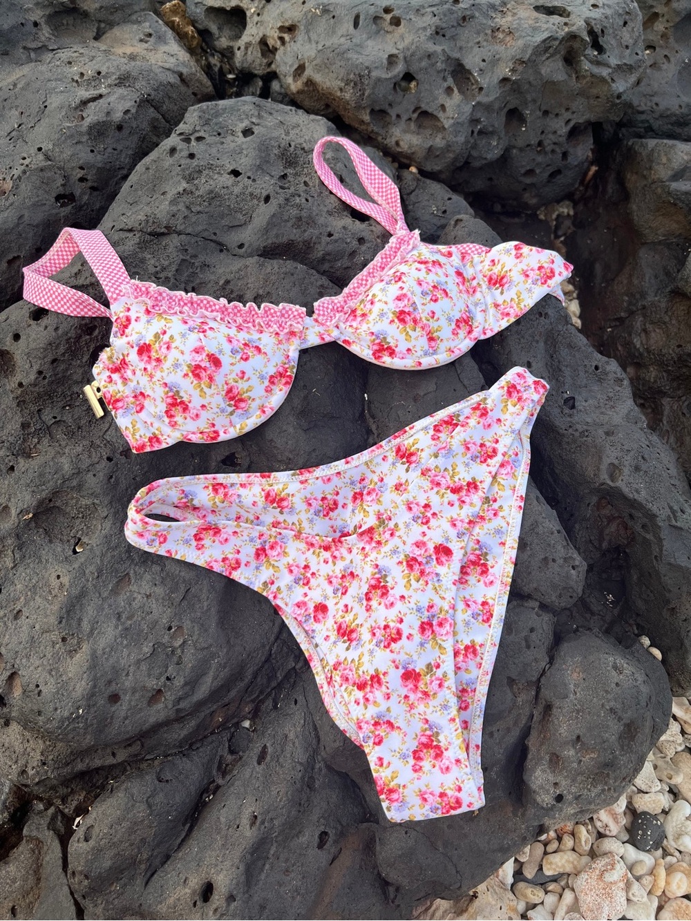 NWT Strawberry Milk Mob Pink Floral White Bikini Top (TOP ONLY)